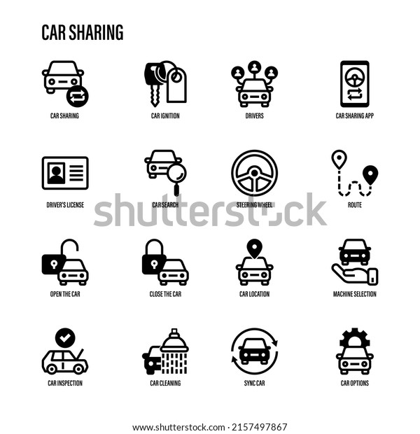 Car sharing set. Mobile app on\
smartphone, driver license, route, key, car inspection, route, open\
and close car, sync thin line icons. Vector\
illustration.