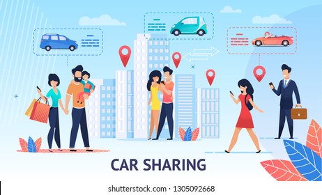 Car Sharing. Short Trips For Family Inside City. Vector Illustration. View Around City Comfortable Electric Car. Modern Mobile Application Ordering Free Car. Per Minute Rental Of Electric Vehicles.