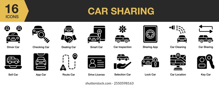 Conjunto de iconos sólidos de coche compartido. Incluye el conductor, el comercio, la comprobación, la Licencia, el App, la venta, la ruta y más. Colección de Vector de iconos sólidos.