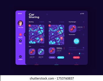 Plantilla vectorial de interfaz de tableta para compartir coche. Diseño del modo nocturno de la página de la aplicación móvil. Pantalla del vehículo de transporte colectivo. IU plana para la aplicación. Servicio de taxi. Pantalla de dispositivo portátil