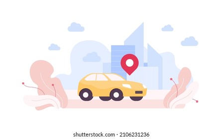 Car sharing and taxi concept. Vector flat design illustration. Yellow car on city background. Map pin symbol.