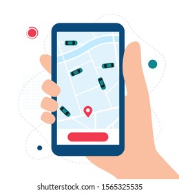 Car Sharing, Taxi, Rent a car App Concept. Hand holding smartphone with carsharing app and location. Vector illustration in flat style