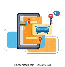 Car sharing, taxi service or rental mobile application concept. Interface design of urban public transport services with a phone screen and cars. Flat vector illustration isolated.