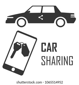 Car sharing technology poster with car and smartphone in the role of key. Black flat vector illustration.