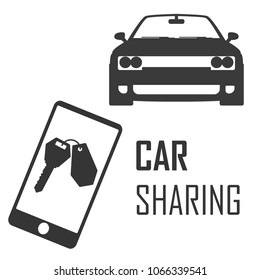 Car sharing technology poster with car and smartphone in the role of key. Black isolated flat vector illustration.