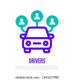 Car sharing thin line icon. Drivers around the car. Vector illustration.