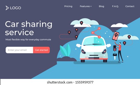 Car sharing tiny persons vector illustration landing page template design. Drive rent, carpool transport service industry. Collective collaboration for fuel consumption. Sustainable passenger network.