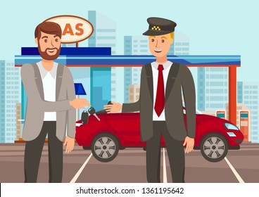 Car Sharing Valet Parking Flat Vector Illustration. Gas Station. Handsome Man Gets Keys from Chauffeur Cartoon Characters. Transport Rent. Call Cab. Vehicle Maintenance. Happy Driver and Passenger