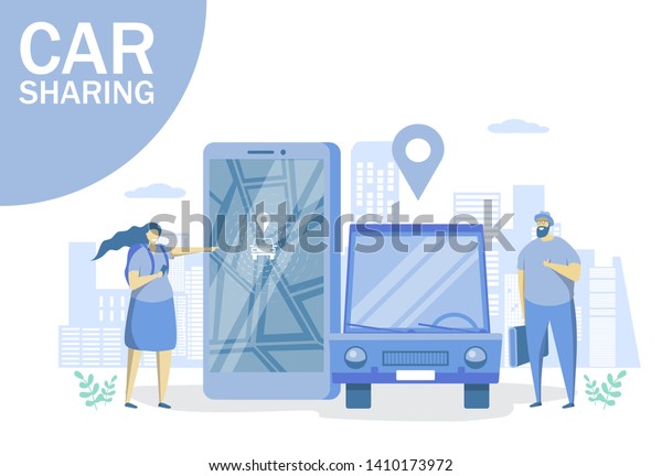 Car sharing\
vector flat illustration. People using mobile application to rent\
automobile. Online carpooling and car rental service concept for\
web banner, website page\
etc.