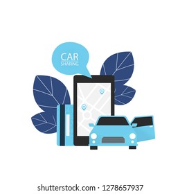 Car sharing vector illustration. Carsharing renting car mobile app.