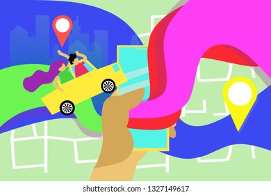 car sharing vector illustration concept, mobile city transportation with cartoon character and use smartphone, can use for, landing page, template, ui, web, mobile app, poster, banner, flyer