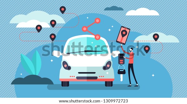 Car sharing vector illustration. Flat\
tiny persons concept with transport service. Drive rent, carpool\
business industry. Collective collaboration for fuel consumption.\
Sustainable passenger\
network.