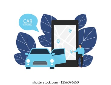 Car sharing vector illustration. Man orders a car through the app. Vector illustration.