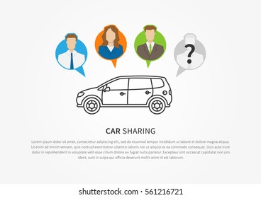 Car sharing vector illustration. Car to share graphic design. Transport renting service creative concept. Colorful and grey silhouettes of people with shared car and sample text.