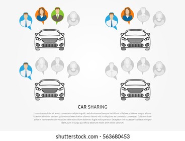 Car sharing vector illustration. Car to share graphic design. Transport renting service creative concept. Colorful and grey avatars of people with shared car and sample text.
