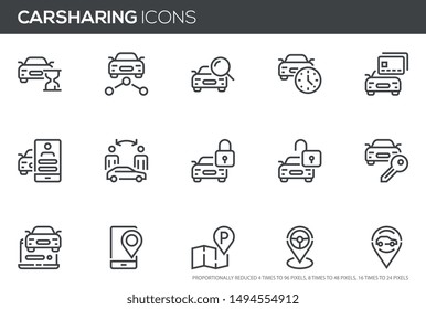 Conjunto de iconos de línea vectorial de uso compartido de Camiones. Consumo colaborativo, servicio de alquiler de camiones. Trazo editable. Iconos de píxeles perfectos, como pueden escalarse a 24, 48, 96 píxeles.