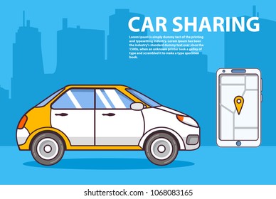 Car sharing.Concept of design of a banner for a mobile application smartphone device. Silhouette city Urban of a tower skyscrapers. Flat line art vector.Navigation map city on a device.