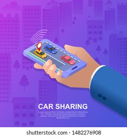 Car sharing.Good bargain. Economy of means.Hand with smartphone. Conceptual background.3D Isometry. Poster. Vector illustration.