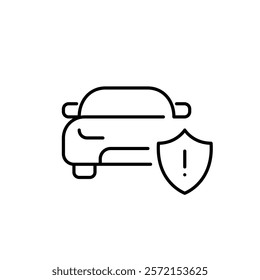 Car and shield with exclamation mark. Safety restrictions, roadside assistance insurance. Pixel perfect vector icon