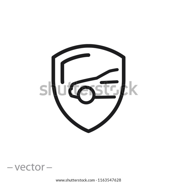 car with shield icon, linear\
sign isolated on white background - editable vector\
illustration