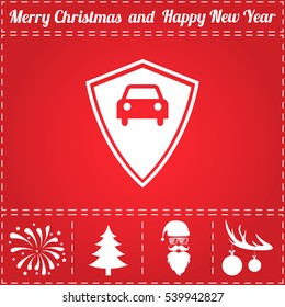 Car Shield Icon Vector. And Bonus Symbol For New Year - Santa Claus, Christmas Tree, Firework, Balls On Deer Antlers