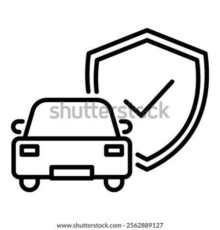 A car with a shield, symbolizing vehicle protection, insurance, and safety round line vector icon with editable stroke