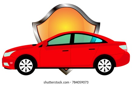 Car and shield vector illustration, protection concept. Isolated.