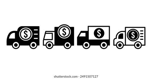 car shipping cost delivery with money coin icon symbol vector design black white color simple illustration collection set