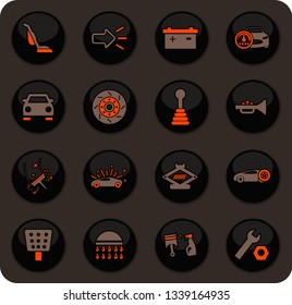 Car shop color vector icons on dark background for user interface design