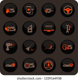 Car shop color vector icons on dark background for user interface design