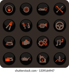 Car shop color vector icons on dark background for user interface design