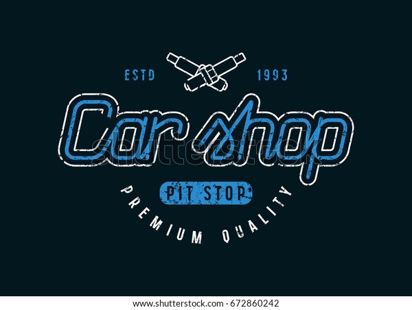 Car shop emblem. Graphic design for t-shirt.\
Color print on black\
background
