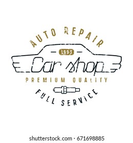 Car shop emblem in thin line style. Graphic design for t-shirt. Color print on white background