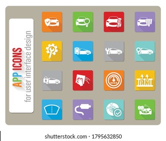 car shop icons set in flat design with long shadow