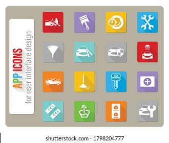 car shop icons set in flat design with long shadow