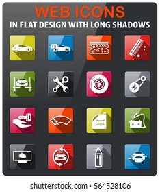 car shop icons set in flat design with long shadow