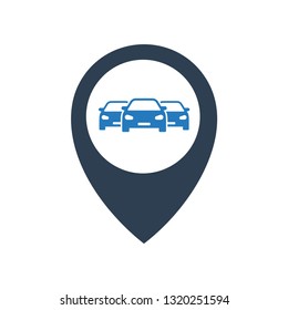 Car shop or showroom location searching icon concept. Car parking lot location searching icon vector concept. Car parking lot location searching icon concept. Cars in location marker pin icon.