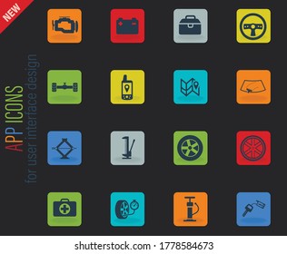 Car shop vector color web icons on dark background for user interface design
