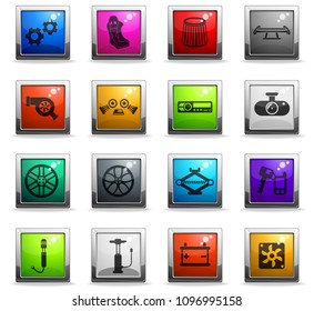 car shop vector icons in square colored buttons