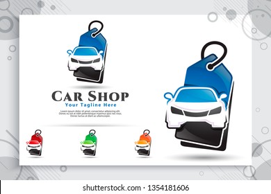 car shop vector logo with modern concept designs, illustration of car and price tag as a symbol and icon of dealer car and digital template app online shop car