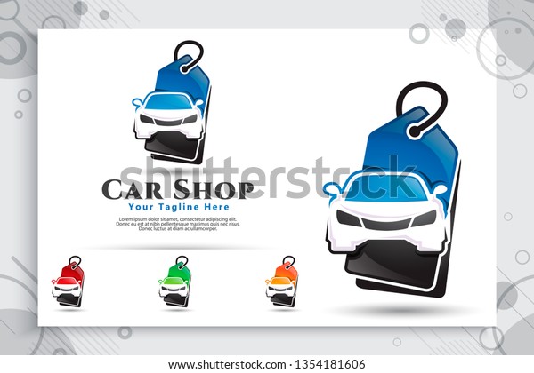 car shop vector logo with\
modern concept designs, illustration of car and price tag as a\
symbol and icon of dealer car and digital template app online shop\
car