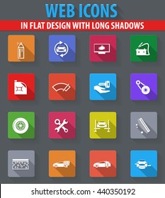 Car shop web icons in flat design with long shadows