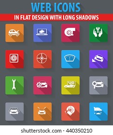 Car shop web icons in flat design with long shadows