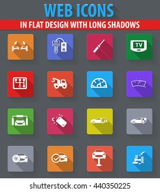 Car shop web icons in flat design with long shadows