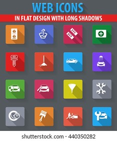 Car shop web icons in flat design with long shadows