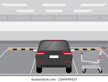 Car and Shopping Cart in Parking lots or Car Parking Space in Underground. Vector Illustration.