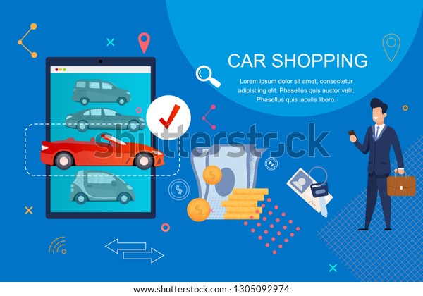 Car\
Shopping. Payment by Cash or Credit Card. Man Business Suit chooses\
Car model. Young businessman Buys electric Transport through Mobile\
Online. Application buying Auto Internet\
Space.