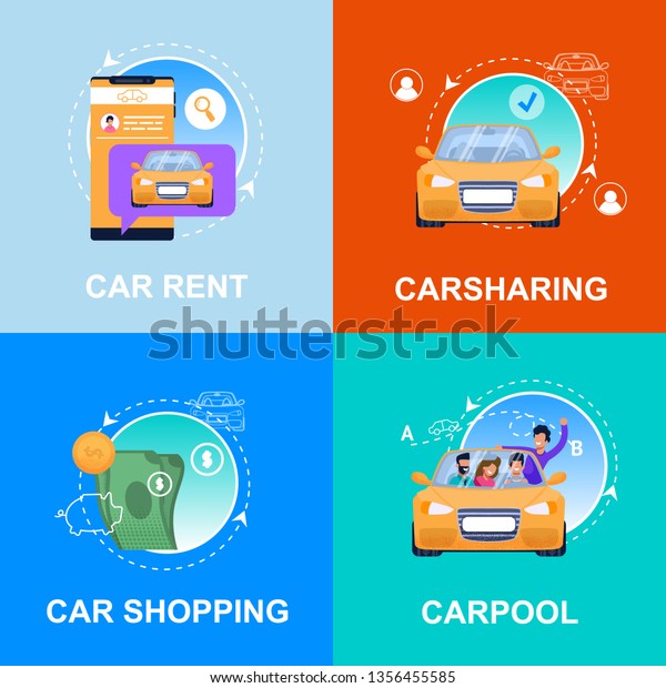 Car\
Shopping, Rent, Carpool, Carsharing Service Flat Layout. Square\
Infographic Banner with Rental Deal, Smartphone Device Application,\
Journey Transport, Friends People Character,\
Payment.