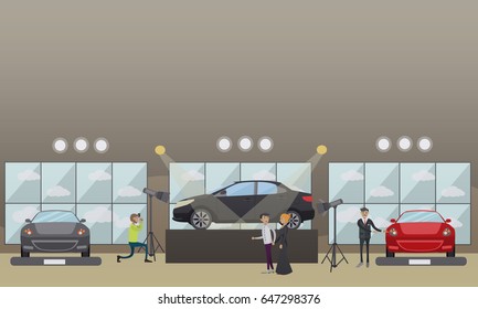 Car show concept vector illustration. Car dealer demonstrating auto to visitors, photographer taking photo of new car in exhibition pavilion, showroom or car dealership. Flat style design.