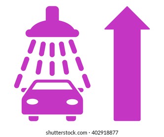 Car Shower Ahead Direction vector illustration for street advertisement. Style is violet flat symbols on a white background.